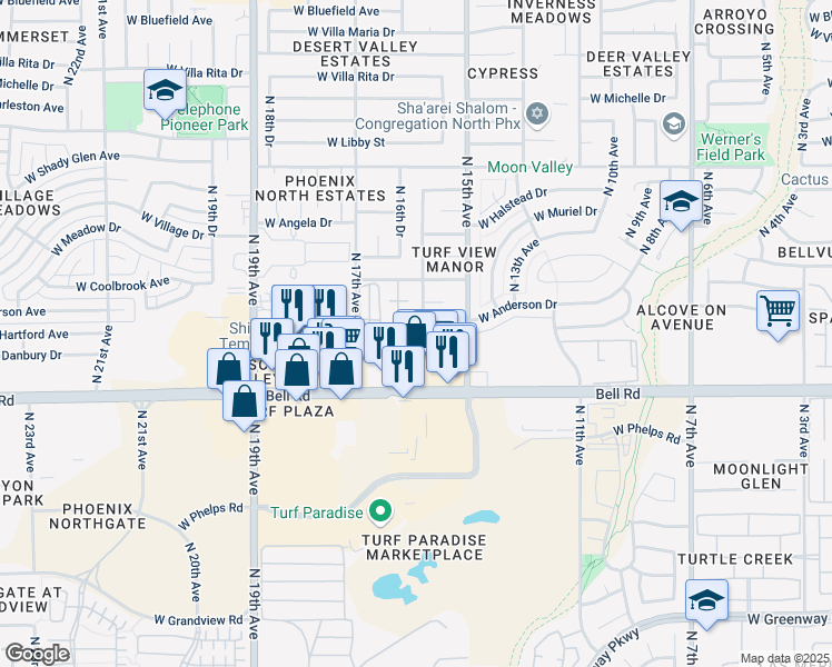 map of restaurants, bars, coffee shops, grocery stores, and more near 17206 North 16th Avenue in Phoenix