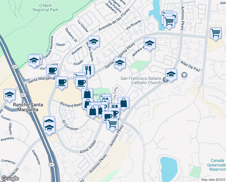 map of restaurants, bars, coffee shops, grocery stores, and more near 22 Paseo Brezo in Rancho Santa Margarita