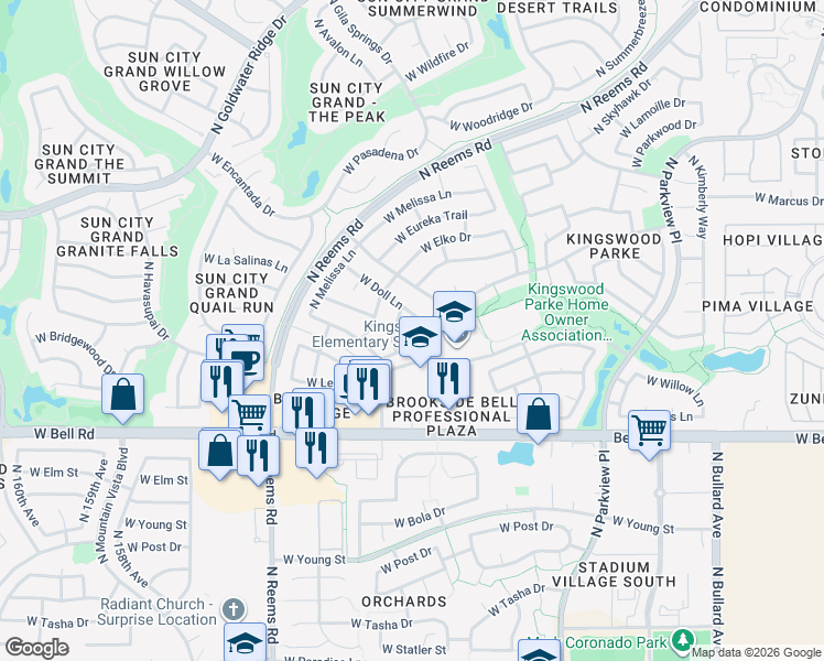 map of restaurants, bars, coffee shops, grocery stores, and more near 17211 North Cassi Drive in Surprise