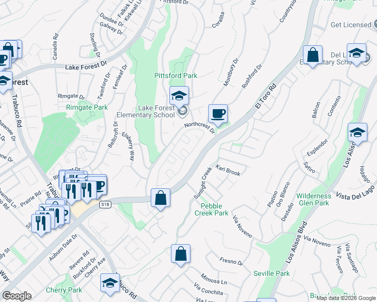 map of restaurants, bars, coffee shops, grocery stores, and more near 22112 Summit Hill Drive in Lake Forest