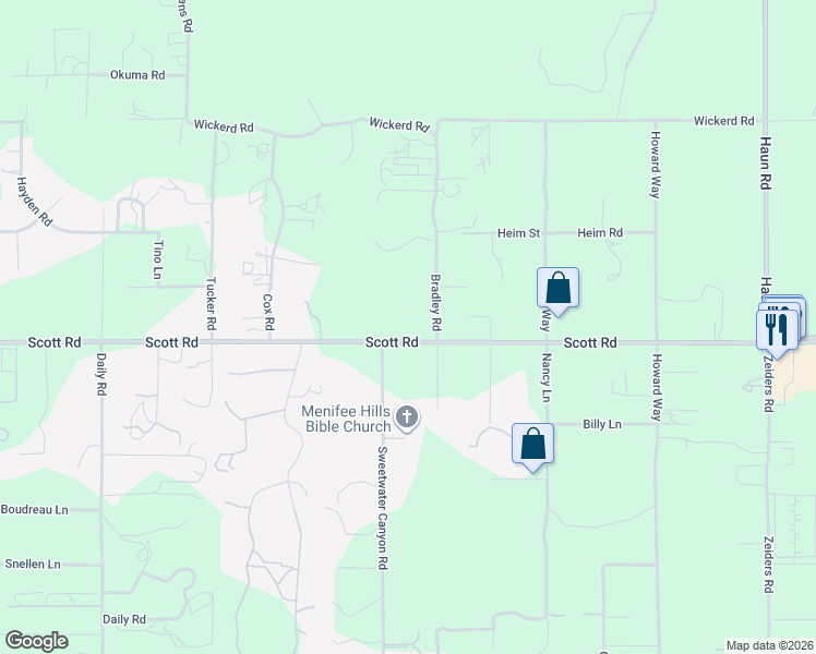 map of restaurants, bars, coffee shops, grocery stores, and more near 26938-26950 Scott Road in Menifee