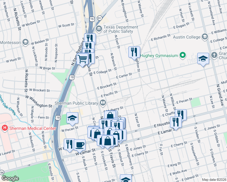 map of restaurants, bars, coffee shops, grocery stores, and more near 608 North Montgomery Street in Sherman