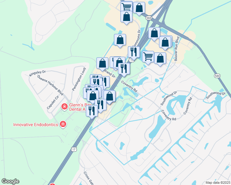 map of restaurants, bars, coffee shops, grocery stores, and more near 8667 Highway 17 in Myrtle Beach