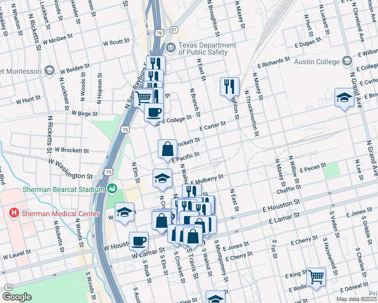 map of restaurants, bars, coffee shops, grocery stores, and more near 608 North Montgomery Street in Sherman