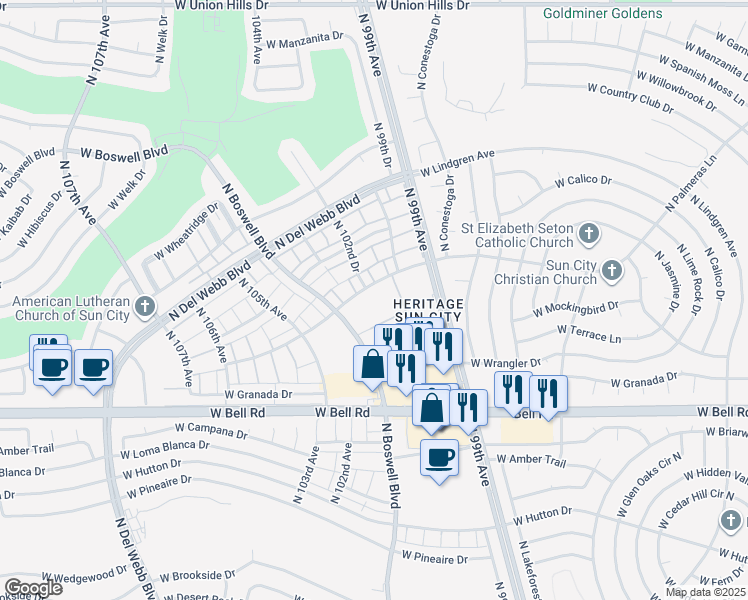 map of restaurants, bars, coffee shops, grocery stores, and more near 10101 West Palmeras Drive in Sun City