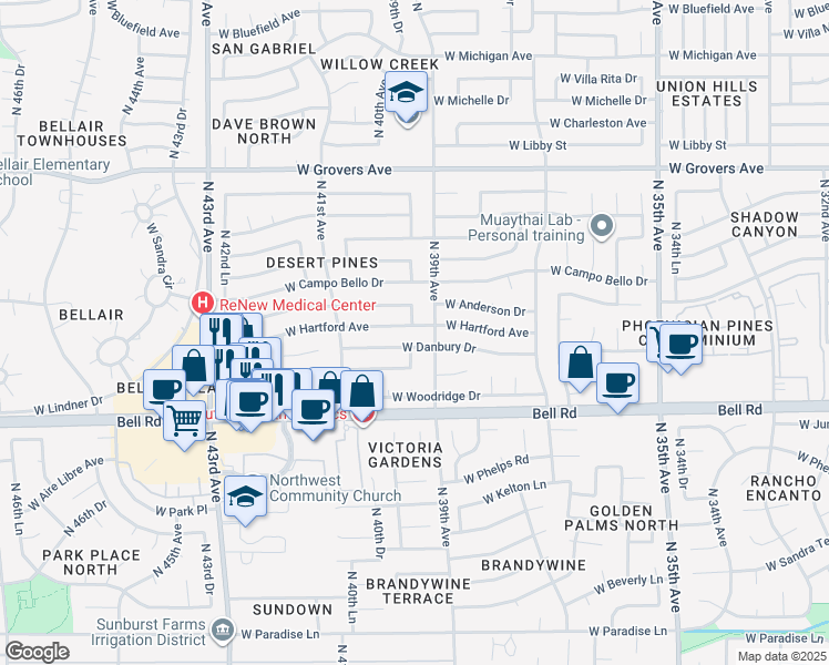 map of restaurants, bars, coffee shops, grocery stores, and more near 3927 West Hartford Avenue in Glendale