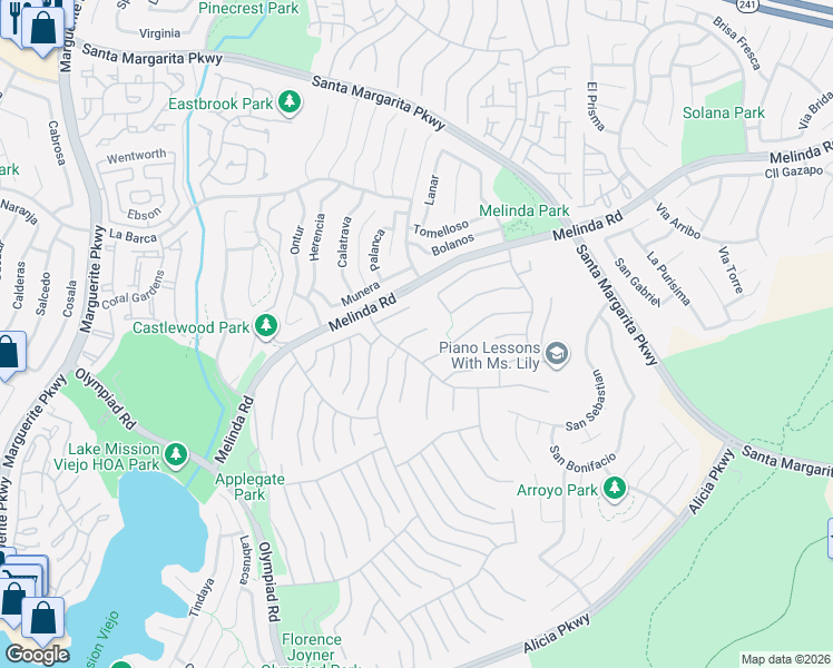 map of restaurants, bars, coffee shops, grocery stores, and more near 28621 Deepcreek in Mission Viejo