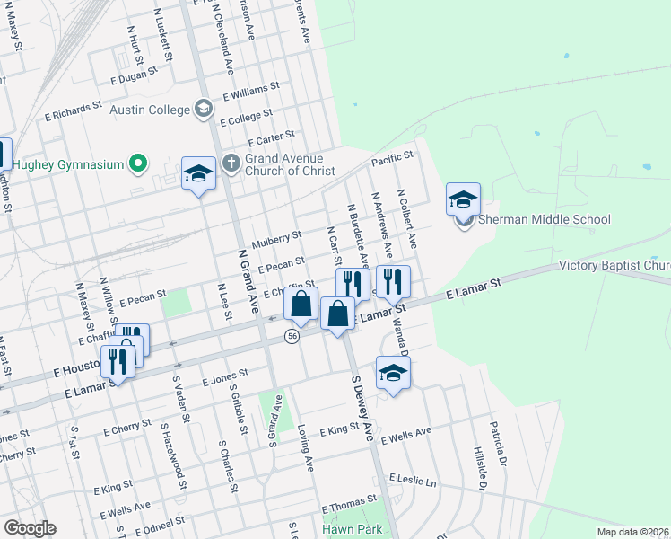 map of restaurants, bars, coffee shops, grocery stores, and more near 1723 Chaffin Street in Sherman