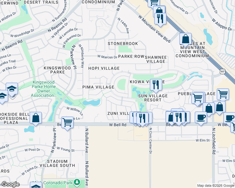 map of restaurants, bars, coffee shops, grocery stores, and more near 17390 North Rainbow Circle in Surprise