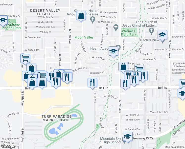 map of restaurants, bars, coffee shops, grocery stores, and more near 1025 West Danbury Road in Phoenix