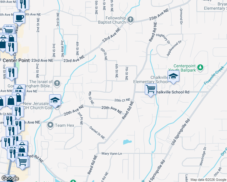 map of restaurants, bars, coffee shops, grocery stores, and more near 2101 5th Place Northeast in Center Point
