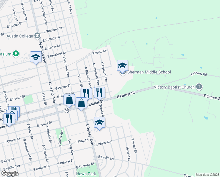 map of restaurants, bars, coffee shops, grocery stores, and more near 119 North Colbert Avenue in Sherman