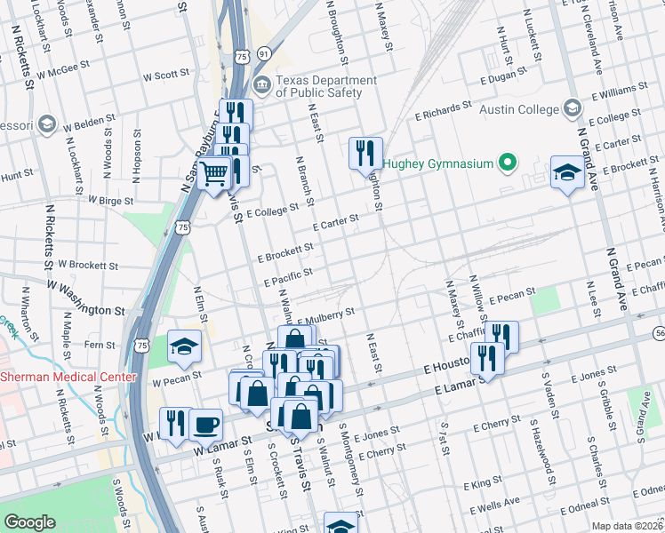 map of restaurants, bars, coffee shops, grocery stores, and more near 563 North Branch Street in Sherman