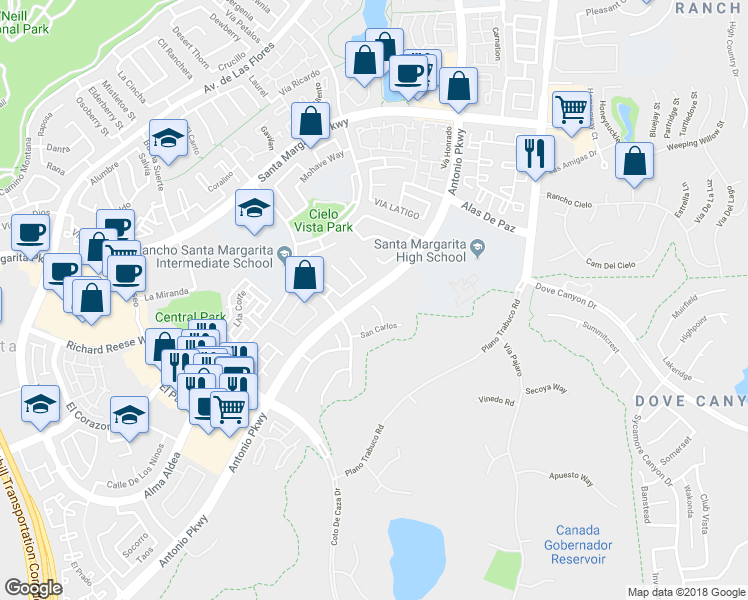 map of restaurants, bars, coffee shops, grocery stores, and more near 2 San Vincente in Rancho Santa Margarita