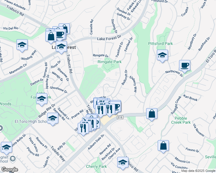 map of restaurants, bars, coffee shops, grocery stores, and more near 25761 Le Parc in Lake Forest