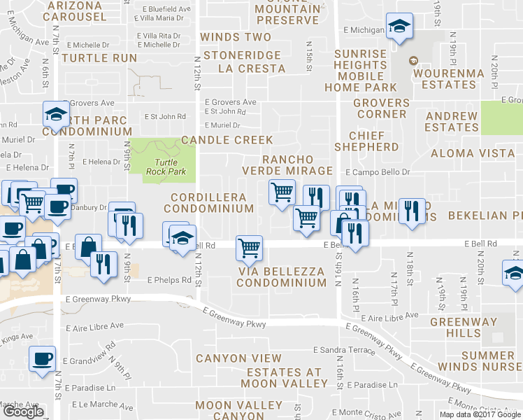 map of restaurants, bars, coffee shops, grocery stores, and more near 17045 North 14th Street in Phoenix