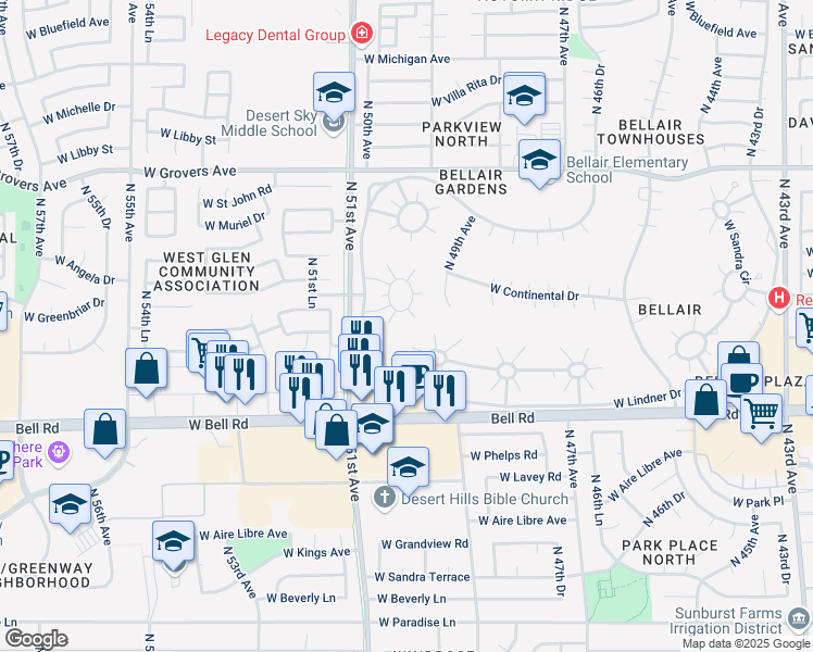 map of restaurants, bars, coffee shops, grocery stores, and more near 4902 W Augusta Cir in Glendale