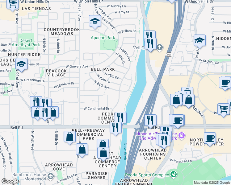 map of restaurants, bars, coffee shops, grocery stores, and more near 17420 North 86th Avenue in Peoria