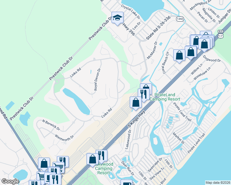 map of restaurants, bars, coffee shops, grocery stores, and more near 1231 Links Road in Surfside Beach