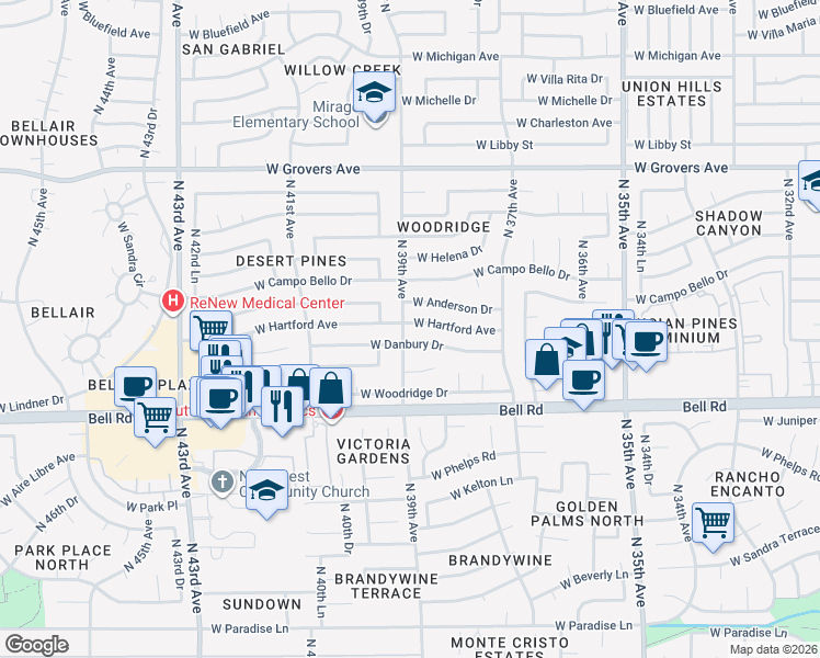 map of restaurants, bars, coffee shops, grocery stores, and more near 3847 West Hartford Avenue in Glendale