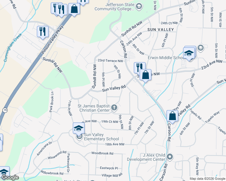 map of restaurants, bars, coffee shops, grocery stores, and more near 913 Sun Valley Road in Center Point