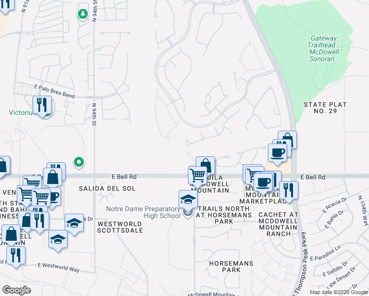 map of restaurants, bars, coffee shops, grocery stores, and more near 9811 East Desert Jewel Drive in Scottsdale