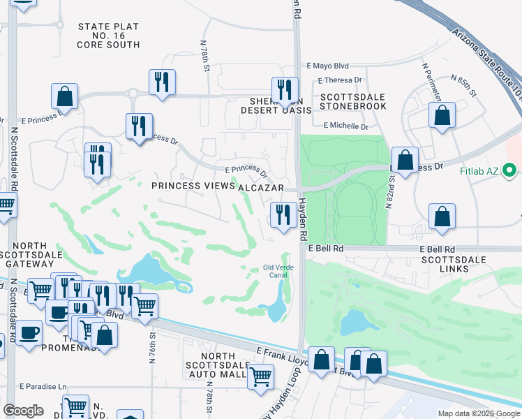 map of restaurants, bars, coffee shops, grocery stores, and more near 17220 North 79th Street in Scottsdale