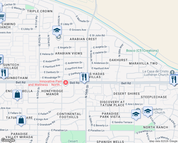 map of restaurants, bars, coffee shops, grocery stores, and more near 1050 North 56th Street in Scottsdale