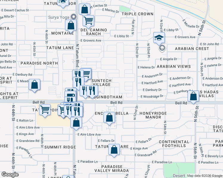map of restaurants, bars, coffee shops, grocery stores, and more near 50th Place in Scottsdale