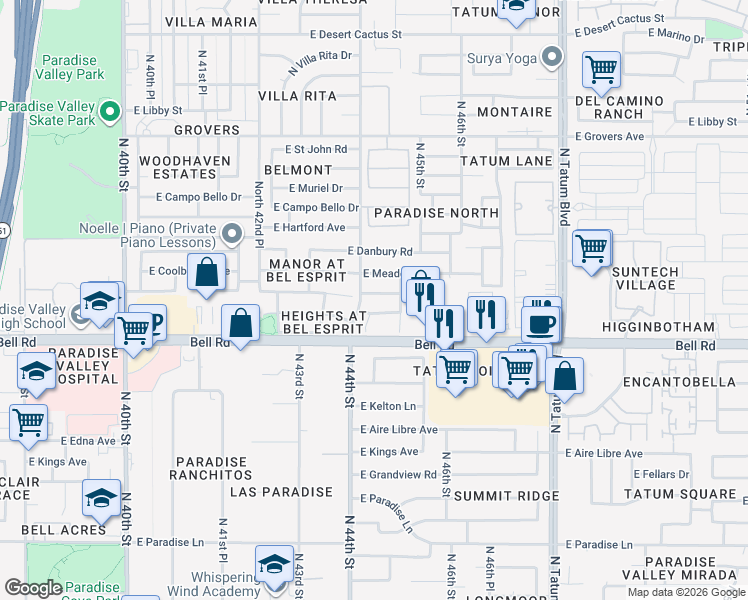 map of restaurants, bars, coffee shops, grocery stores, and more near 4413 East Anderson Drive in Phoenix