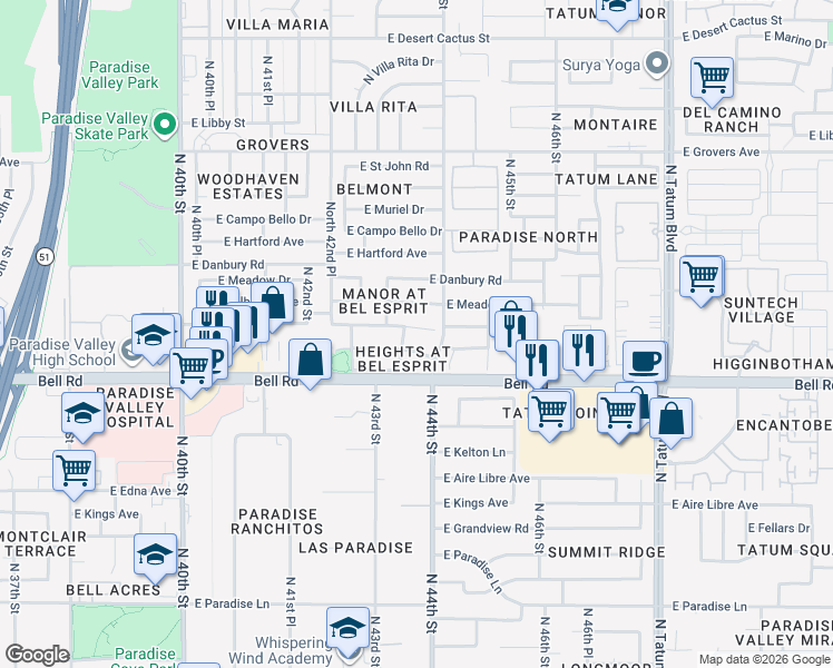 map of restaurants, bars, coffee shops, grocery stores, and more near 4365 E Coolbrook Ave in Phoenix