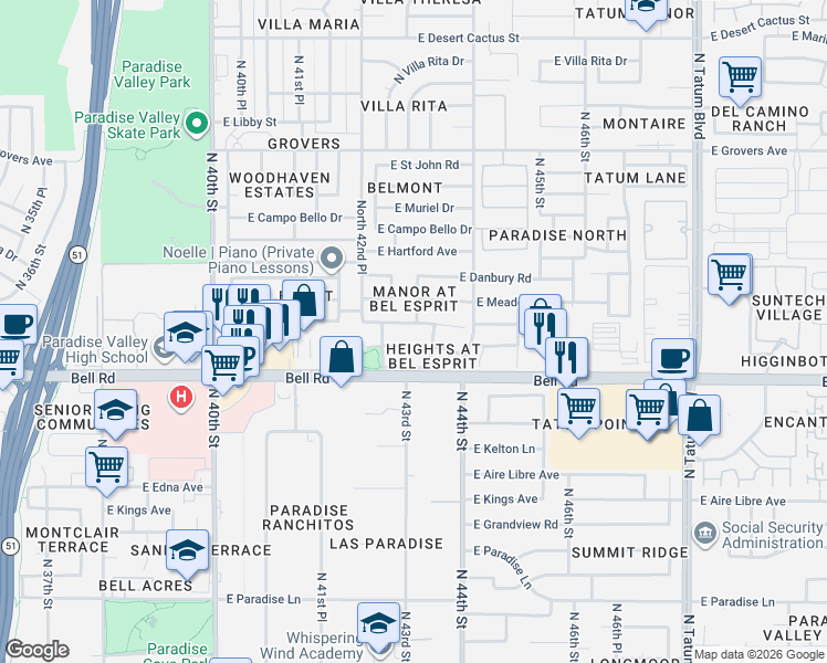 map of restaurants, bars, coffee shops, grocery stores, and more near 4330 East Anderson Drive in Phoenix