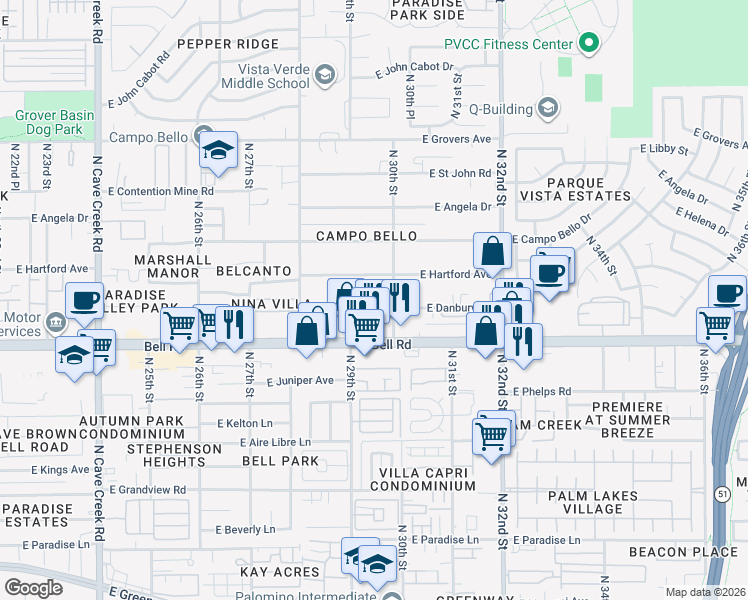 map of restaurants, bars, coffee shops, grocery stores, and more near 17044 North 30th Street in Phoenix