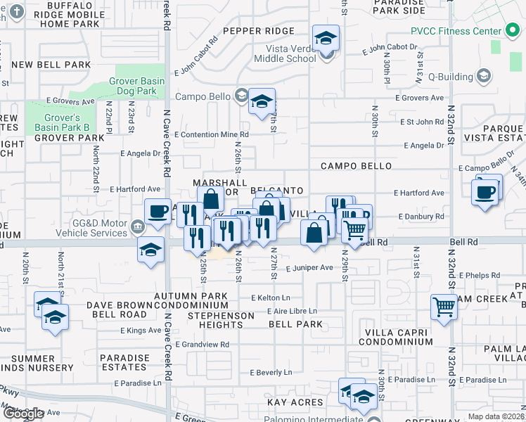 map of restaurants, bars, coffee shops, grocery stores, and more near 17044 North 27th Street in Phoenix