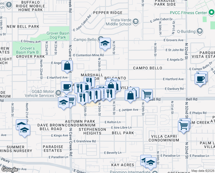 map of restaurants, bars, coffee shops, grocery stores, and more near 2614 East Danbury Road in Phoenix