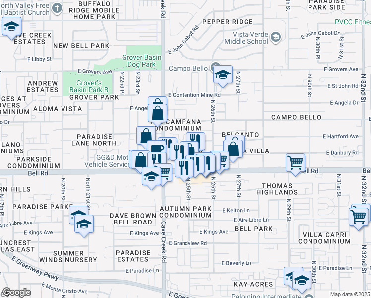 map of restaurants, bars, coffee shops, grocery stores, and more near 2444 East Danbury Road in Phoenix