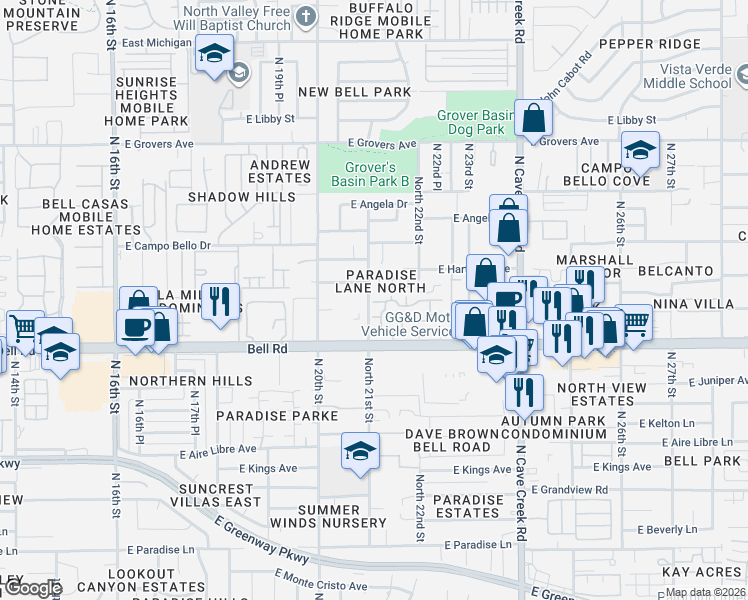 map of restaurants, bars, coffee shops, grocery stores, and more near 2150 East Bell Road in Phoenix