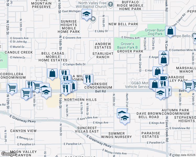 map of restaurants, bars, coffee shops, grocery stores, and more near 1833 East Hartford Avenue in Phoenix
