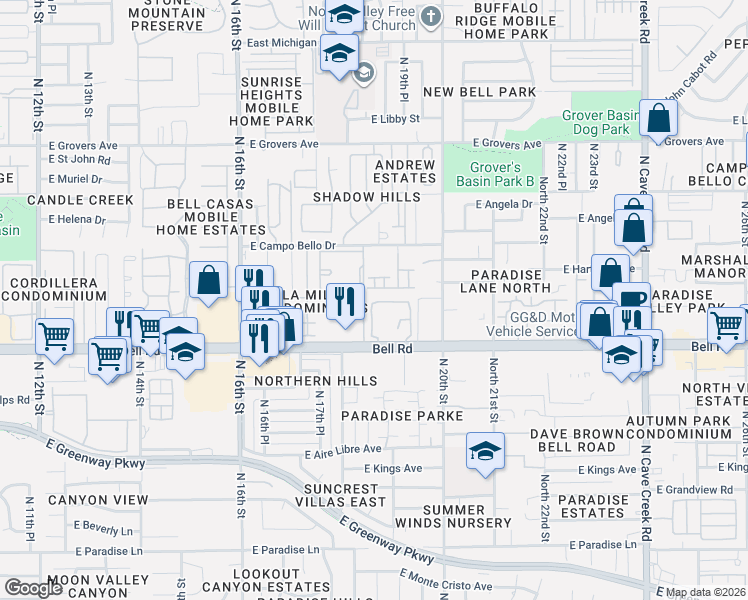 map of restaurants, bars, coffee shops, grocery stores, and more near 1833 East Hartford Avenue in Phoenix