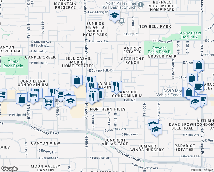 map of restaurants, bars, coffee shops, grocery stores, and more near North 17th Street in Phoenix