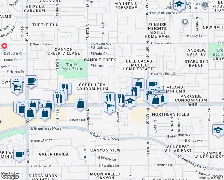 map of restaurants, bars, coffee shops, grocery stores, and more near 17045 North 14th Street in Phoenix