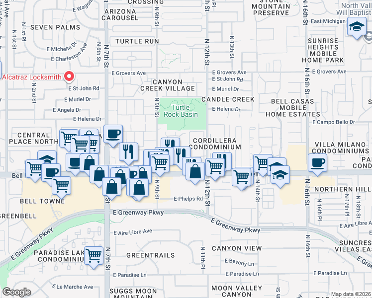 map of restaurants, bars, coffee shops, grocery stores, and more near 17145 North 10th Street in Phoenix