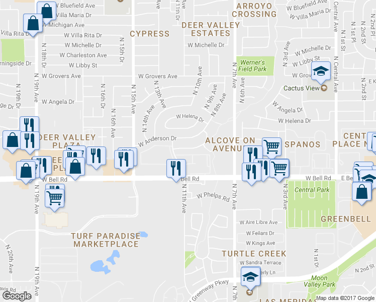 map of restaurants, bars, coffee shops, grocery stores, and more near 1025 West Danbury Road in Phoenix