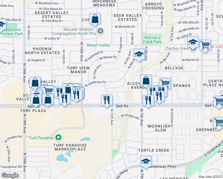 map of restaurants, bars, coffee shops, grocery stores, and more near 1025 West Danbury Drive in Phoenix