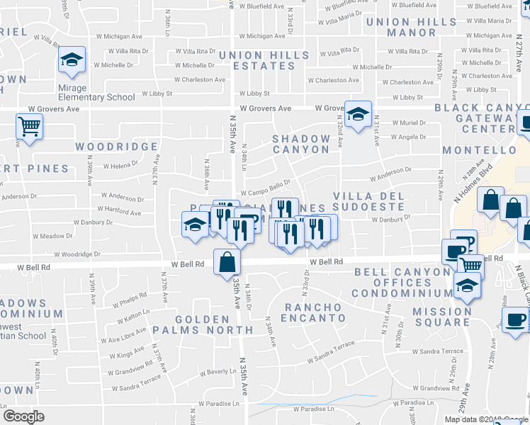 map of restaurants, bars, coffee shops, grocery stores, and more near 3329 West Danbury Drive in Phoenix