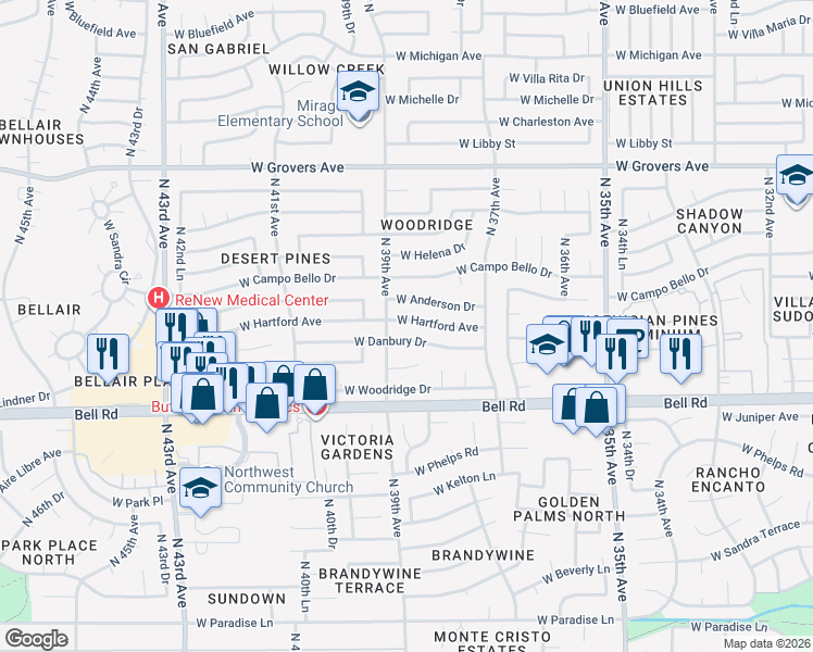 map of restaurants, bars, coffee shops, grocery stores, and more near 3847 West Hartford Avenue in Glendale