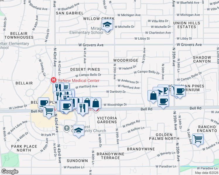 map of restaurants, bars, coffee shops, grocery stores, and more near 3927 West Hartford Avenue in Glendale