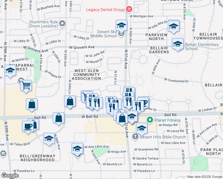 map of restaurants, bars, coffee shops, grocery stores, and more near 5220 West Hartford Avenue in Glendale