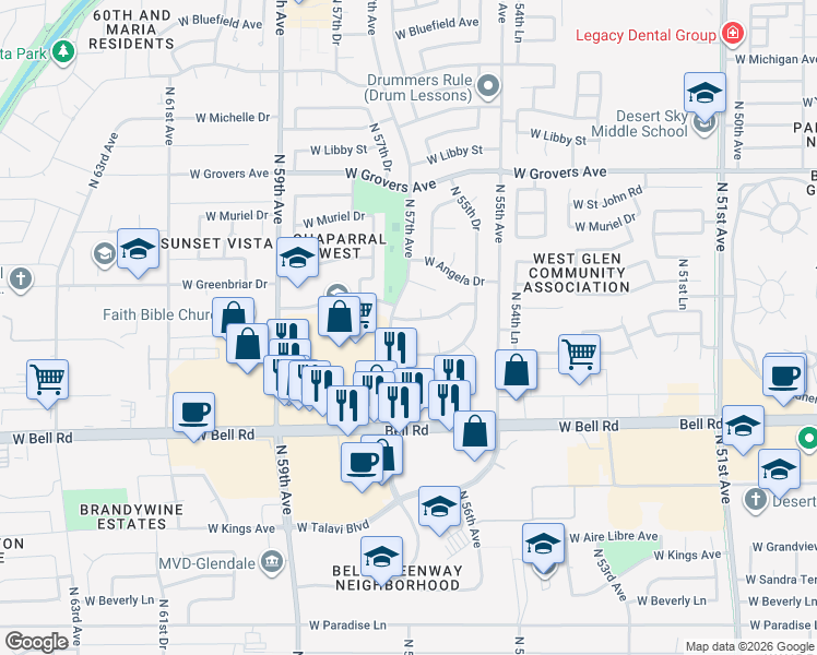 map of restaurants, bars, coffee shops, grocery stores, and more near 5645 West Greenbriar Drive in Glendale