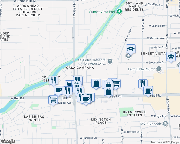 map of restaurants, bars, coffee shops, grocery stores, and more near 6607 Camino De La Campana in Glendale